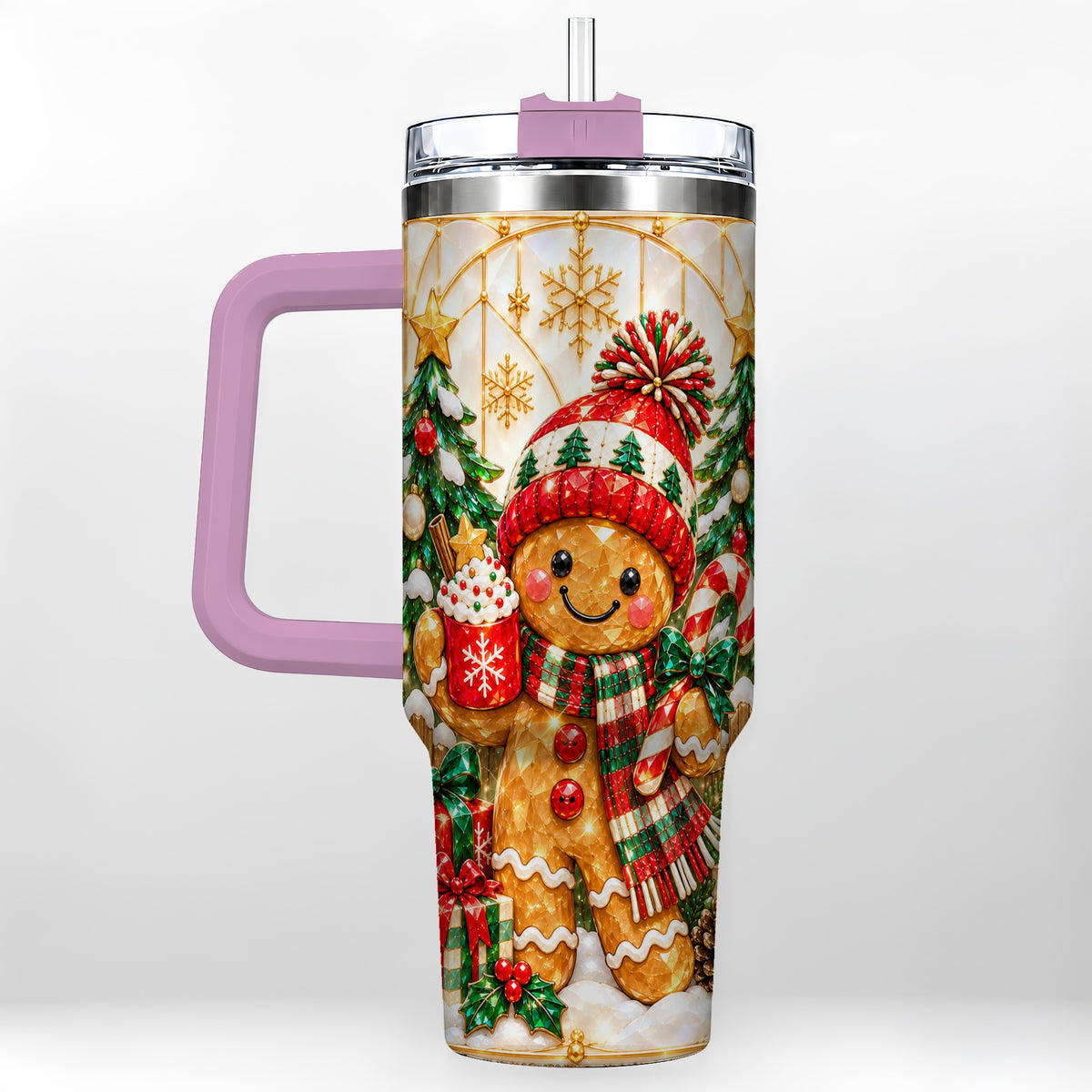 #pl[40oz|Pink] Gingerbread Christmas 40oz Tumbler, Winter Tumbler with Handle