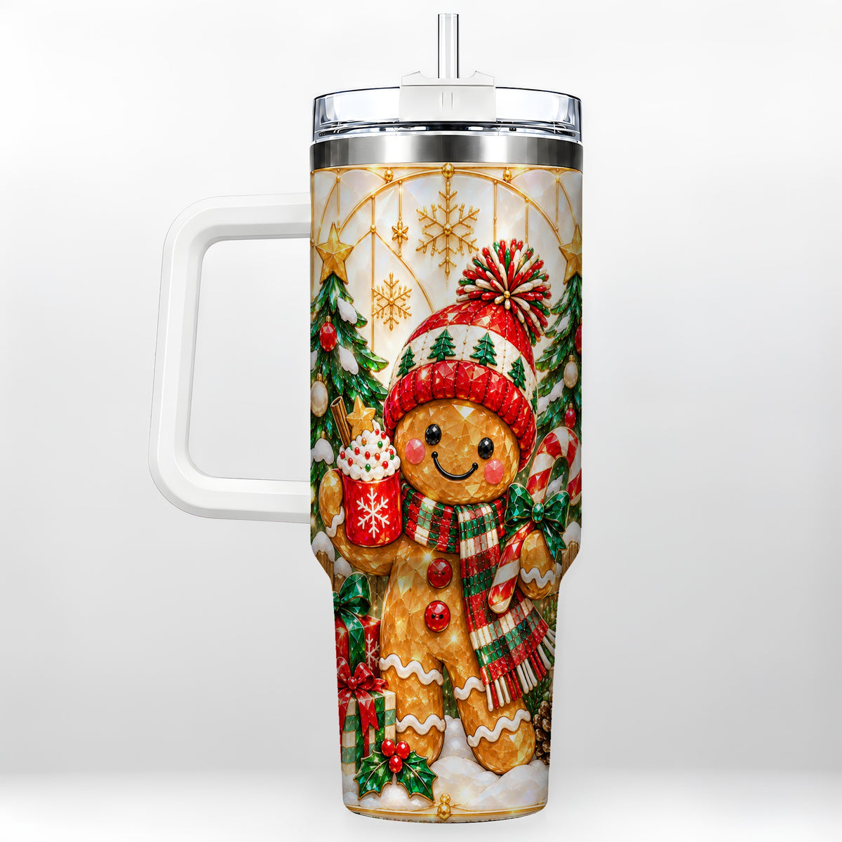 Gingerbread Christmas 40oz Tumbler, Winter Tumbler with Handle