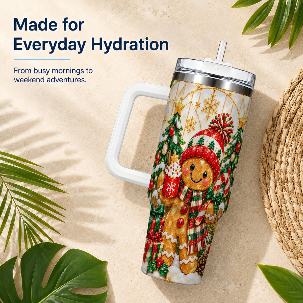 Gingerbread Christmas 40oz Tumbler, Winter Tumbler with Handle