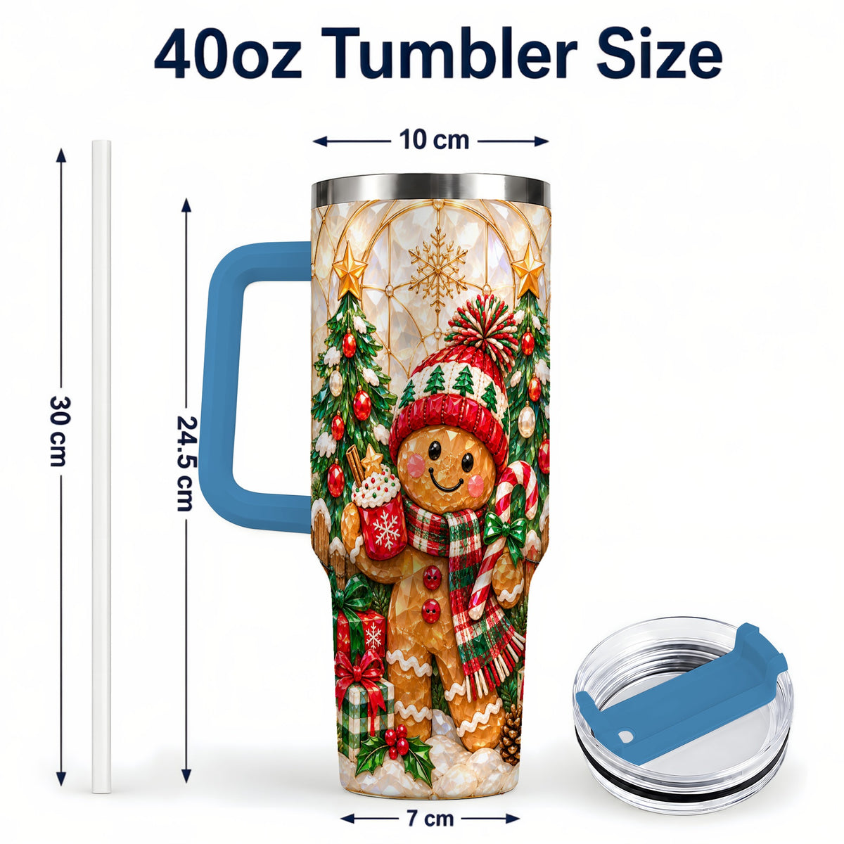 #pl[40oz|Blue] Gingerbread Holiday 40oz Tumbler, Christmas Tumbler with Handle