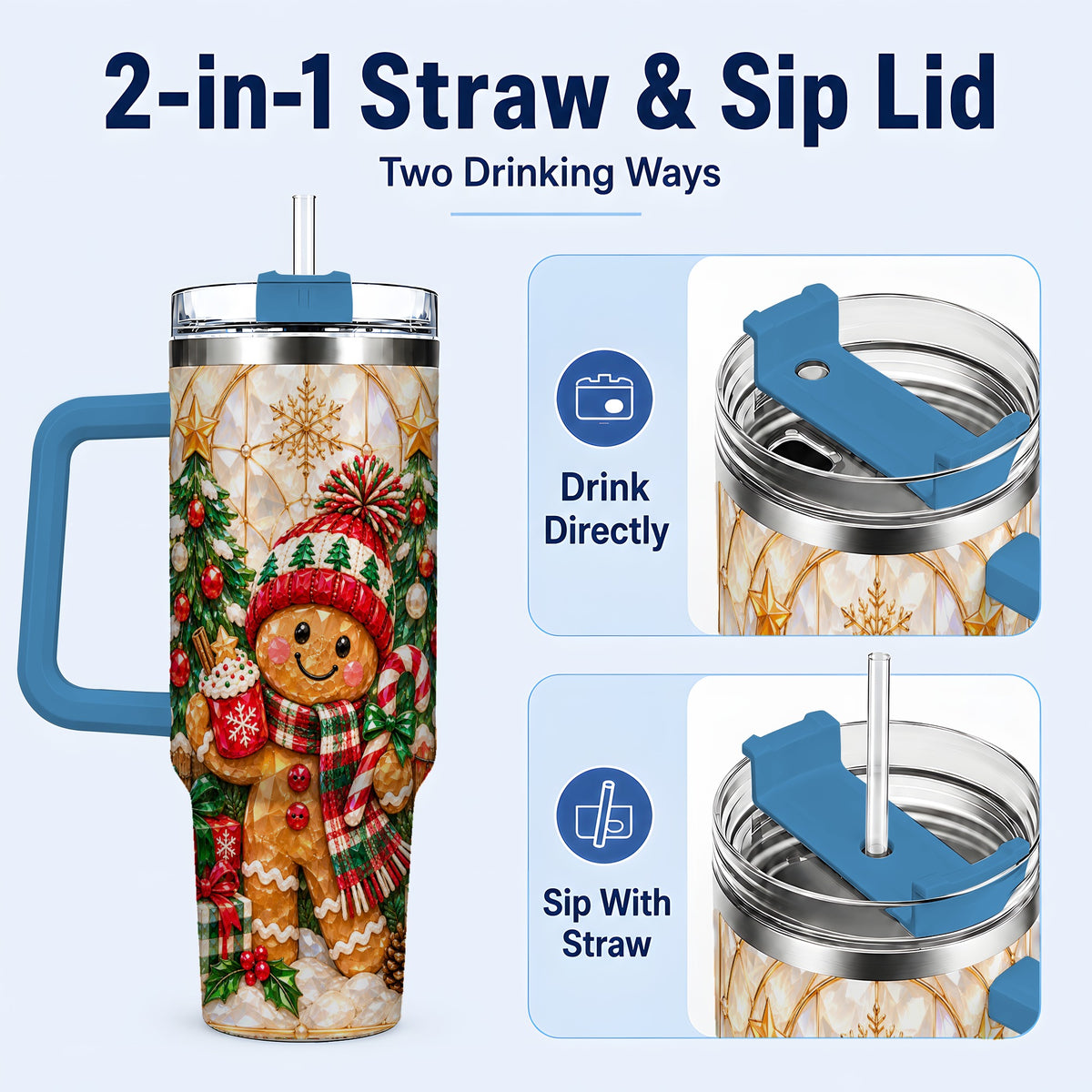 #pl[40oz|Blue] Gingerbread Holiday 40oz Tumbler, Christmas Tumbler with Handle