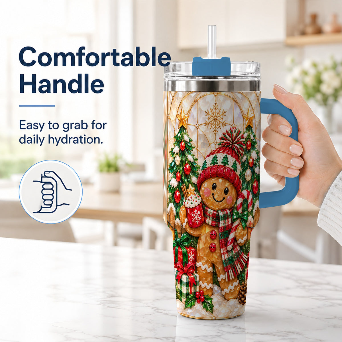 #pl[40oz|Blue] Gingerbread Holiday 40oz Tumbler, Christmas Tumbler with Handle