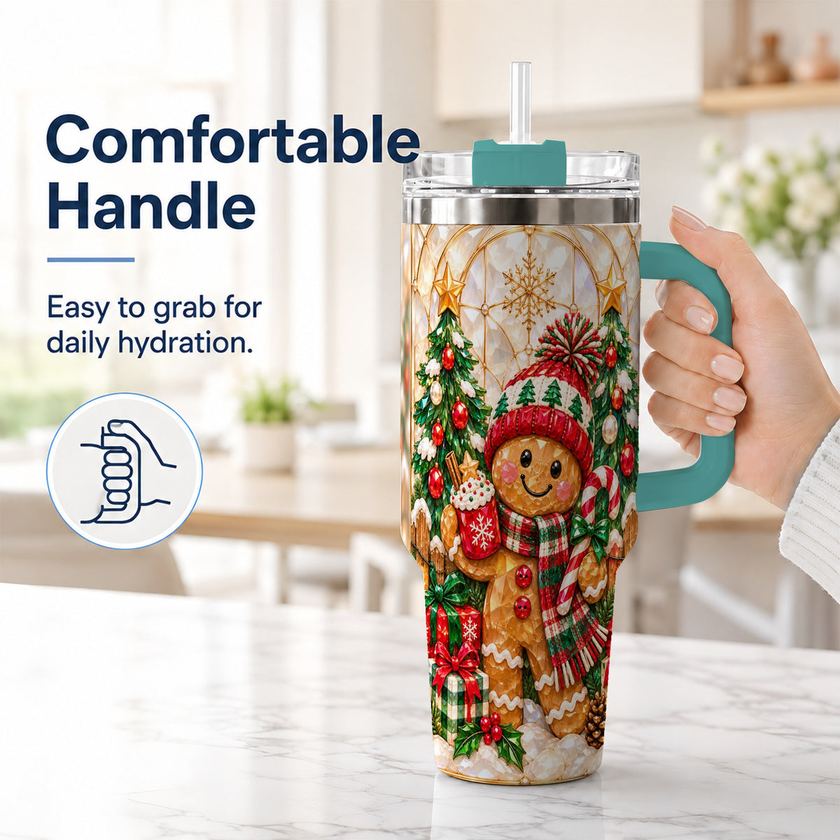 #pl[40oz|Green] Gingerbread Holiday 40oz Tumbler, Christmas Tumbler with Handle