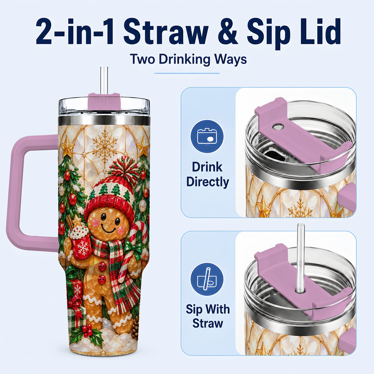 #pl[40oz|Pink] Gingerbread Holiday 40oz Tumbler, Christmas Tumbler with Handle