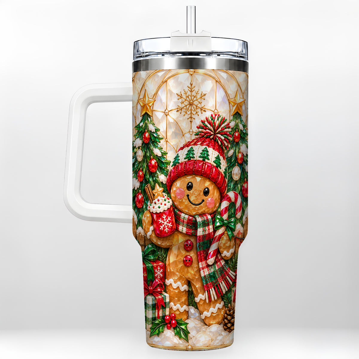 Gingerbread Holiday 40oz Tumbler, Christmas Tumbler with Handle