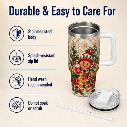 Gingerbread Holiday 40oz Tumbler, Christmas Tumbler with Handle