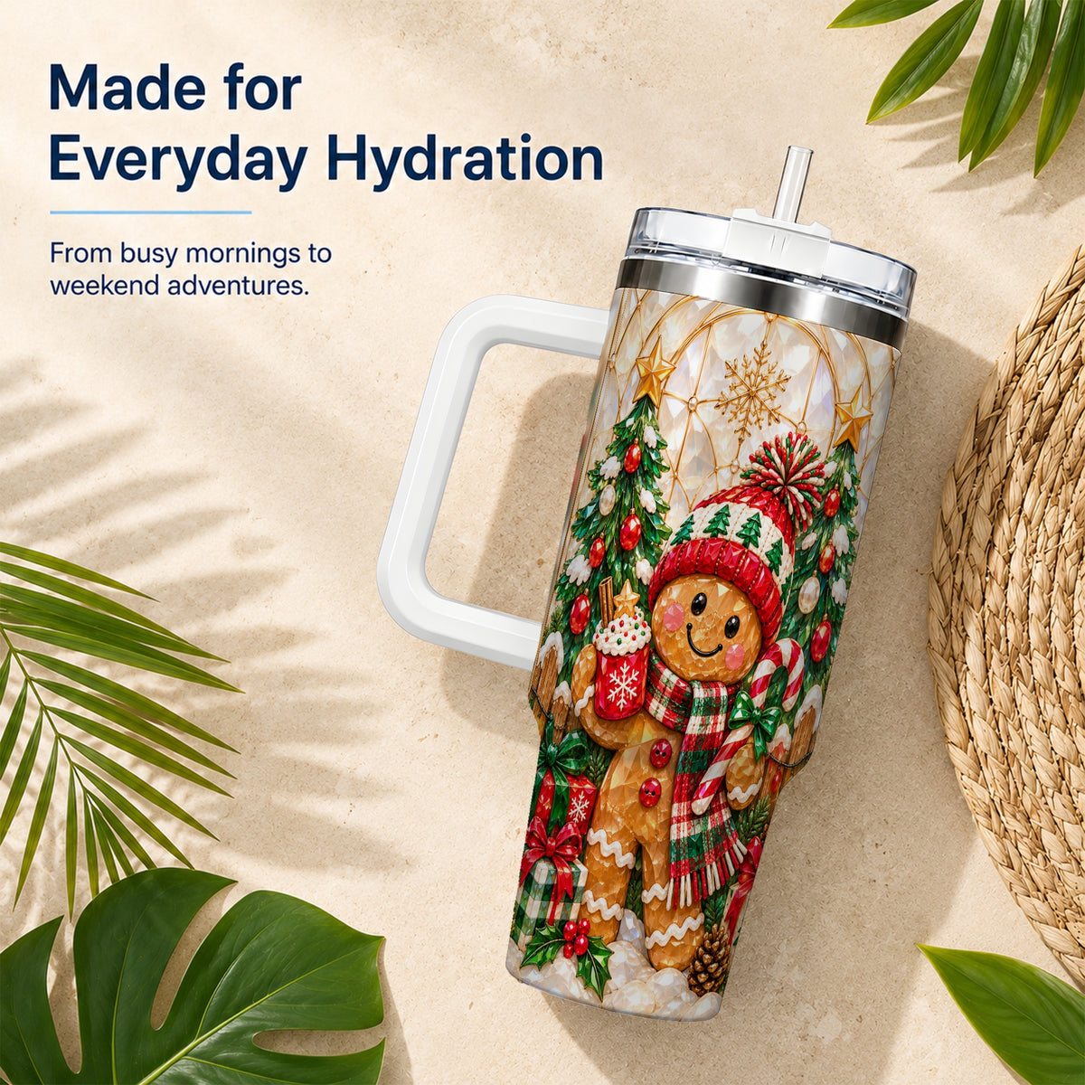 Gingerbread Holiday 40oz Tumbler, Christmas Tumbler with Handle