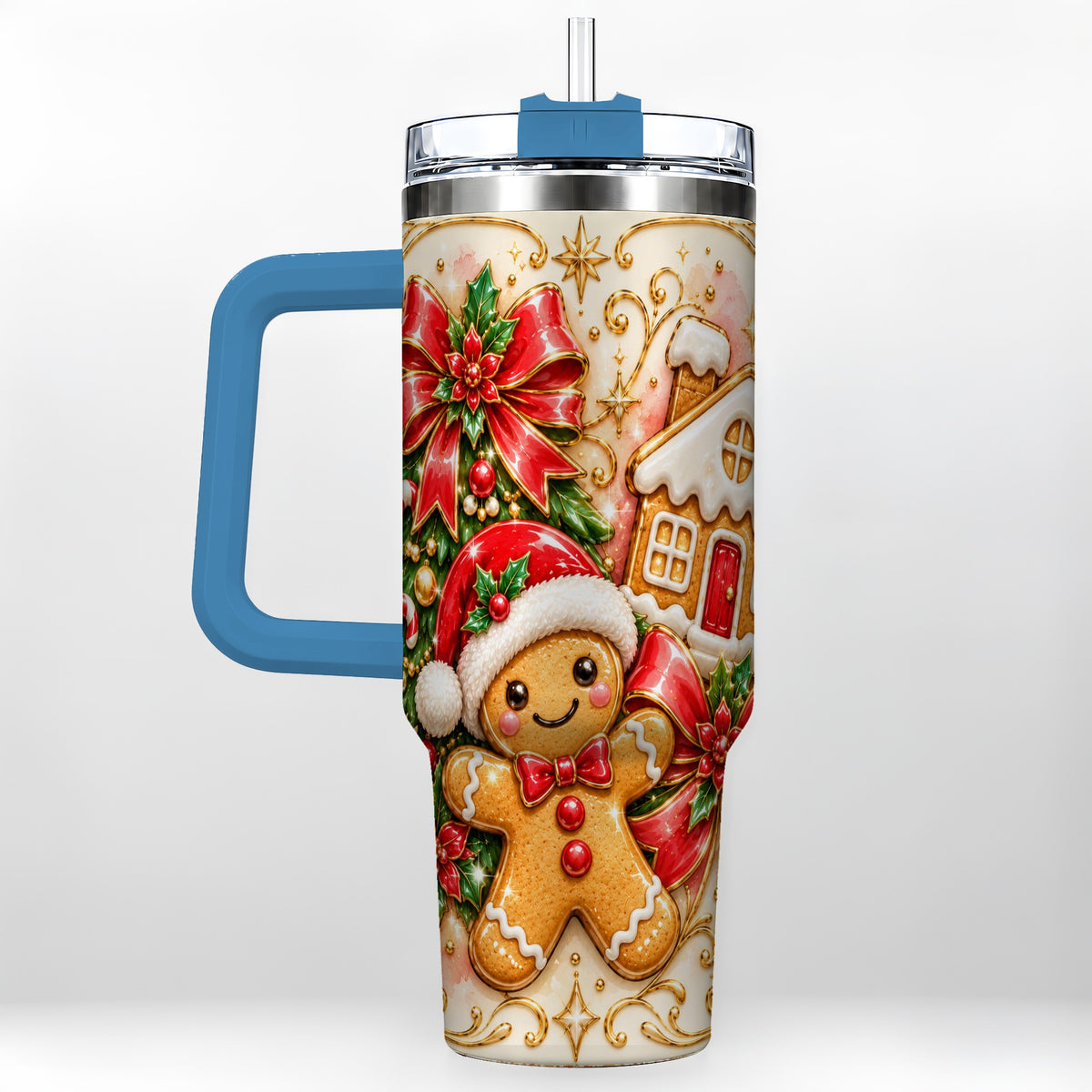 #pl[40oz|Blue] Gingerbread Tumbler 40oz, Christmas Tumbler, Stainless Steel Travel Cup