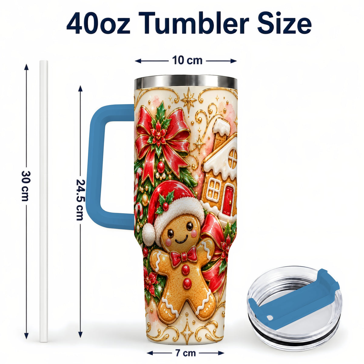 #pl[40oz|Blue] Gingerbread Tumbler 40oz, Christmas Tumbler, Stainless Steel Travel Cup