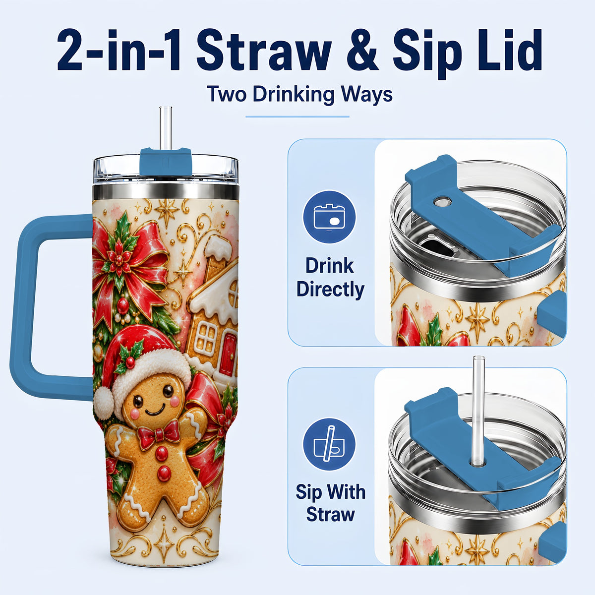 #pl[40oz|Blue] Gingerbread Tumbler 40oz, Christmas Tumbler, Stainless Steel Travel Cup
