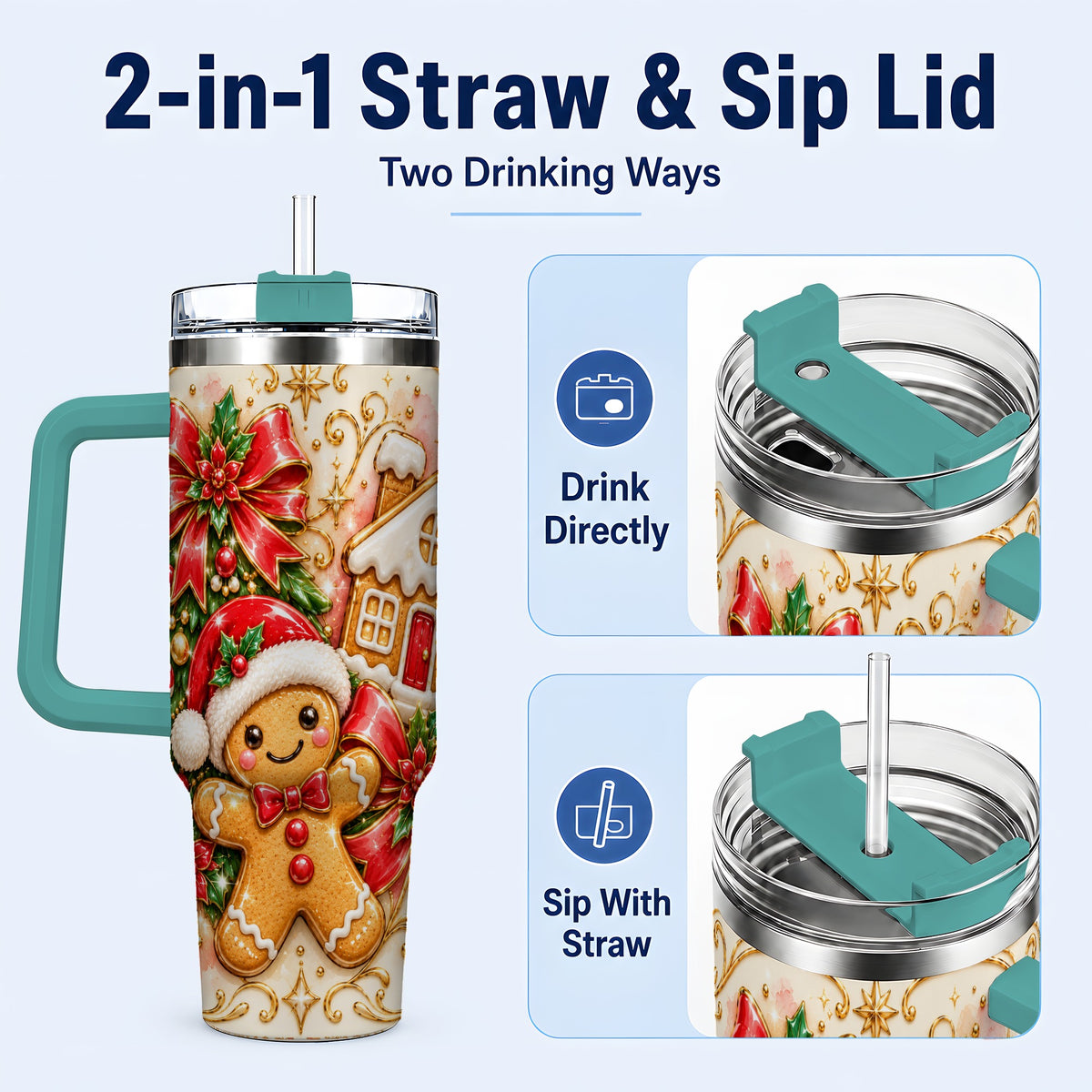 #pl[40oz|Green] Gingerbread Tumbler 40oz, Christmas Tumbler, Stainless Steel Travel Cup