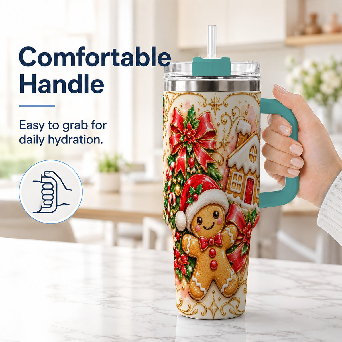 #pl[40oz|Green] Gingerbread Tumbler 40oz, Christmas Tumbler, Stainless Steel Travel Cup