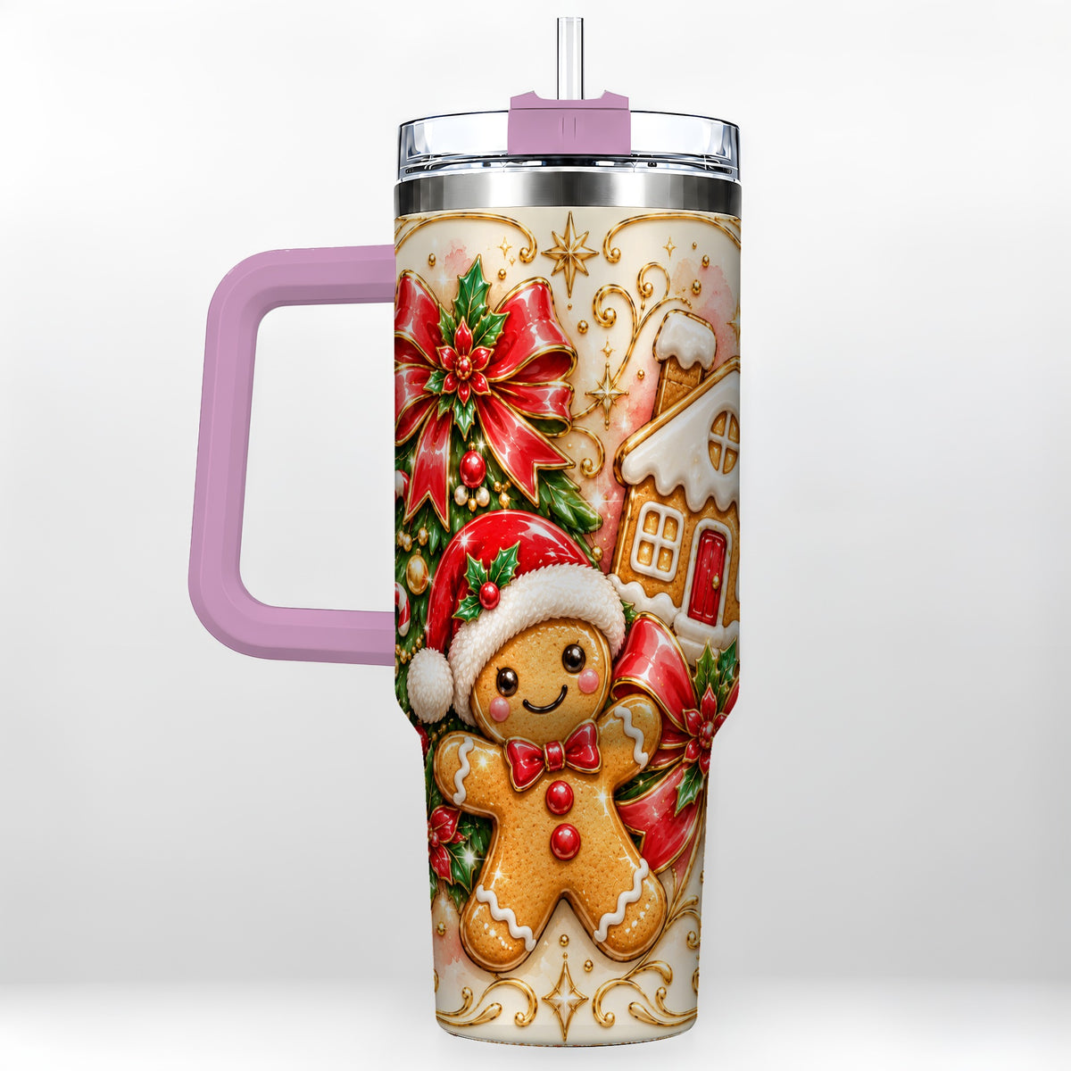 #pl[40oz|Pink] Gingerbread Tumbler 40oz, Christmas Tumbler, Stainless Steel Travel Cup