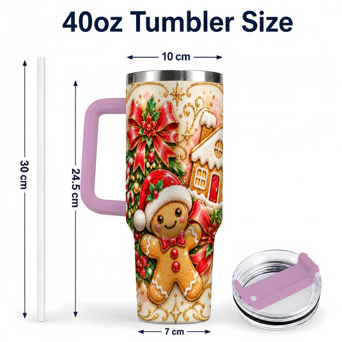 #pl[40oz|Pink] Gingerbread Tumbler 40oz, Christmas Tumbler, Stainless Steel Travel Cup