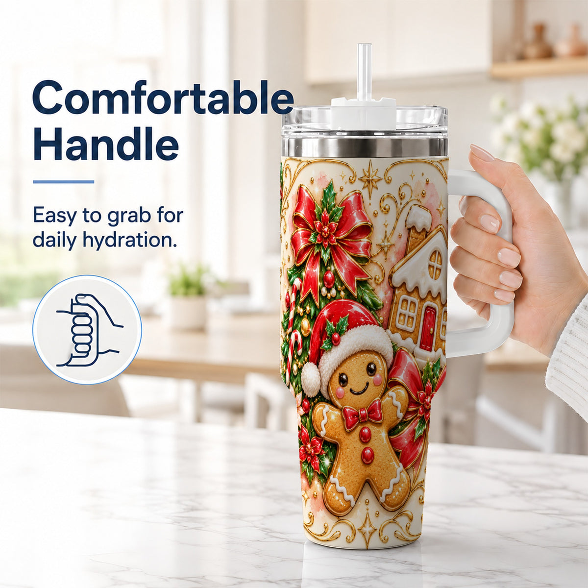 #pl[40oz|White] Gingerbread Tumbler 40oz, Christmas Tumbler, Stainless Steel Travel Cup
