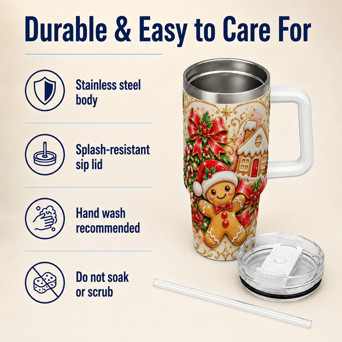 Gingerbread Tumbler 40oz, Christmas Tumbler, Stainless Steel Travel Cup