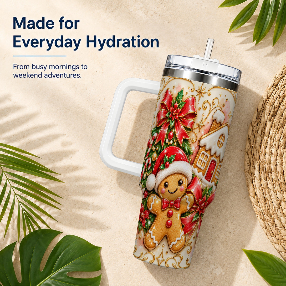 Gingerbread Tumbler 40oz, Christmas Tumbler, Stainless Steel Travel Cup