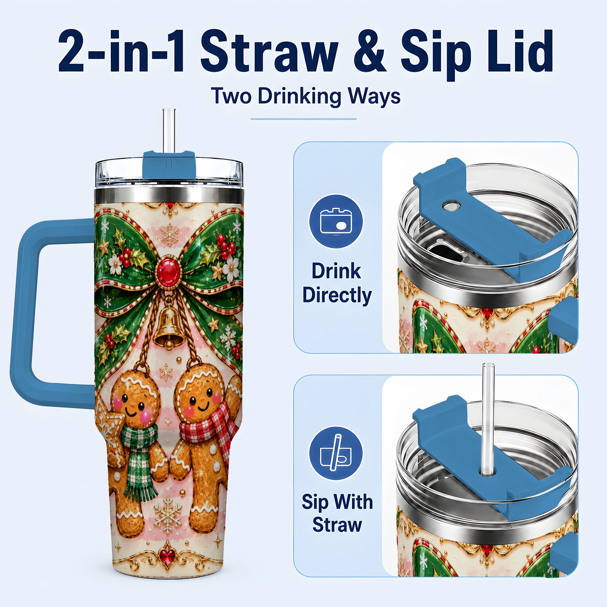 #pl[40oz|Blue] Couple Tumbler 40oz, Gingerbread Tumbler, Stainless Steel Travel Cup