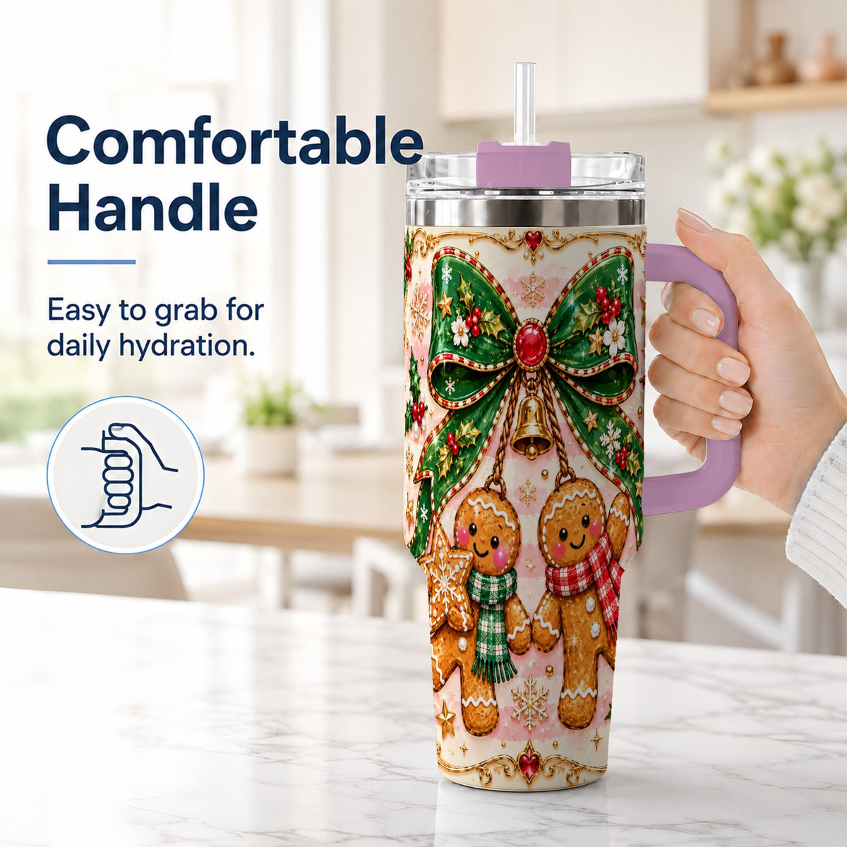 #pl[40oz|Pink] Couple Tumbler 40oz, Gingerbread Tumbler, Stainless Steel Travel Cup