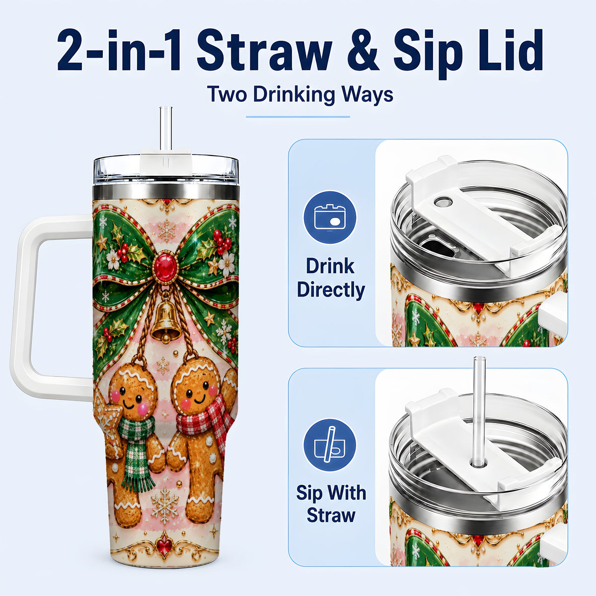 #pl[40oz|White] Couple Tumbler 40oz, Gingerbread Tumbler, Stainless Steel Travel Cup