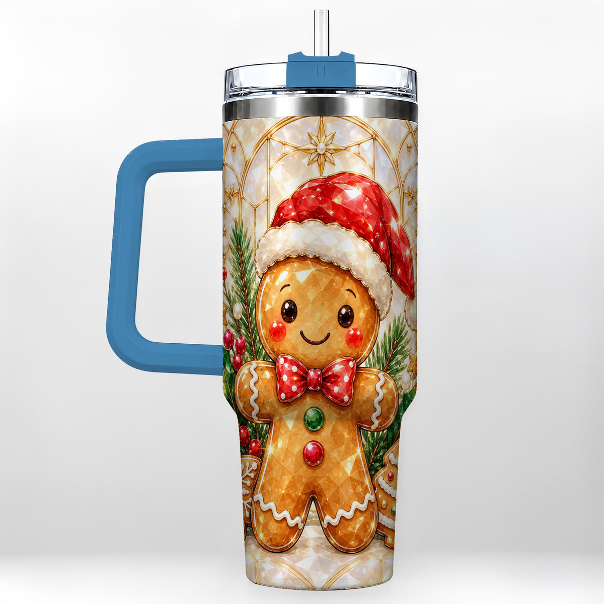#pl[40oz|Blue] Santa Tumbler 40oz, Gingerbread Tumbler, Stainless Steel Travel Cup