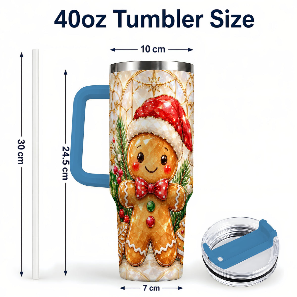 #pl[40oz|Blue] Santa Tumbler 40oz, Gingerbread Tumbler, Stainless Steel Travel Cup