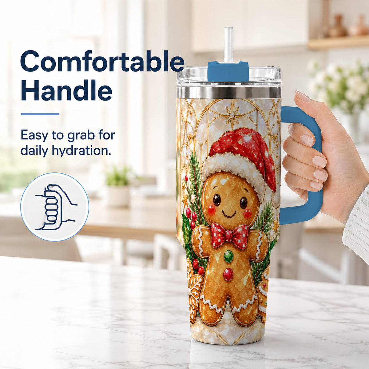 #pl[40oz|Blue] Santa Tumbler 40oz, Gingerbread Tumbler, Stainless Steel Travel Cup