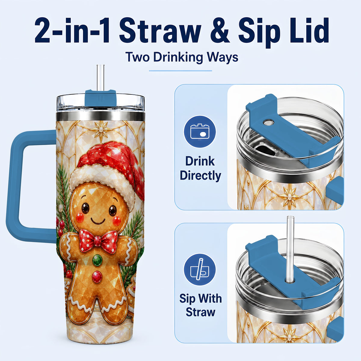 #pl[40oz|Blue] Santa Tumbler 40oz, Gingerbread Tumbler, Stainless Steel Travel Cup