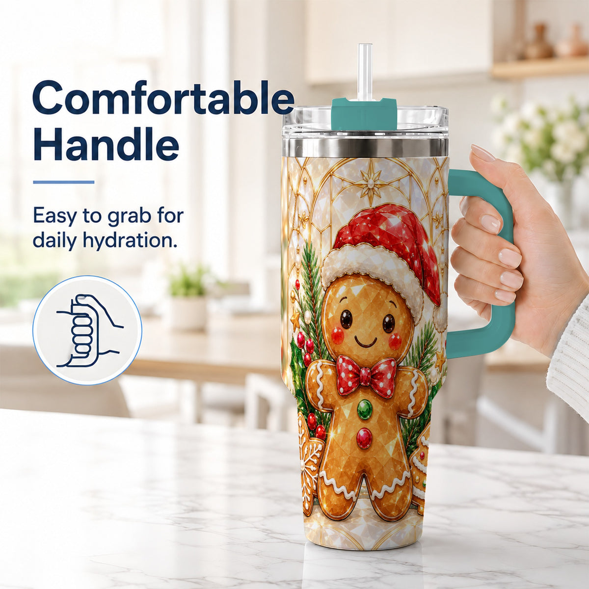 #pl[40oz|Green] Santa Tumbler 40oz, Gingerbread Tumbler, Stainless Steel Travel Cup