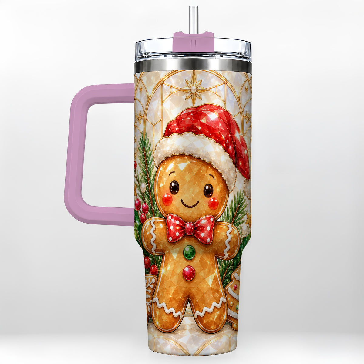 #pl[40oz|Pink] Santa Tumbler 40oz, Gingerbread Tumbler, Stainless Steel Travel Cup