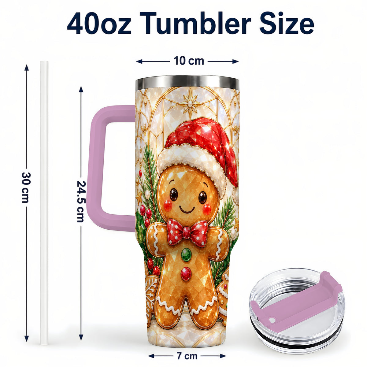 #pl[40oz|Pink] Santa Tumbler 40oz, Gingerbread Tumbler, Stainless Steel Travel Cup