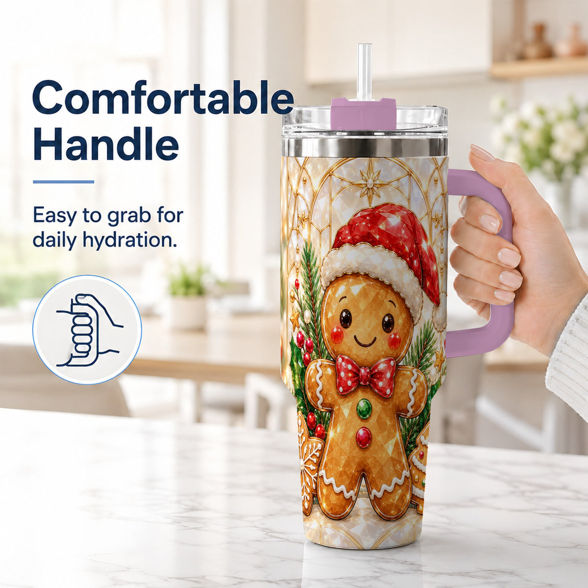 #pl[40oz|Pink] Santa Tumbler 40oz, Gingerbread Tumbler, Stainless Steel Travel Cup