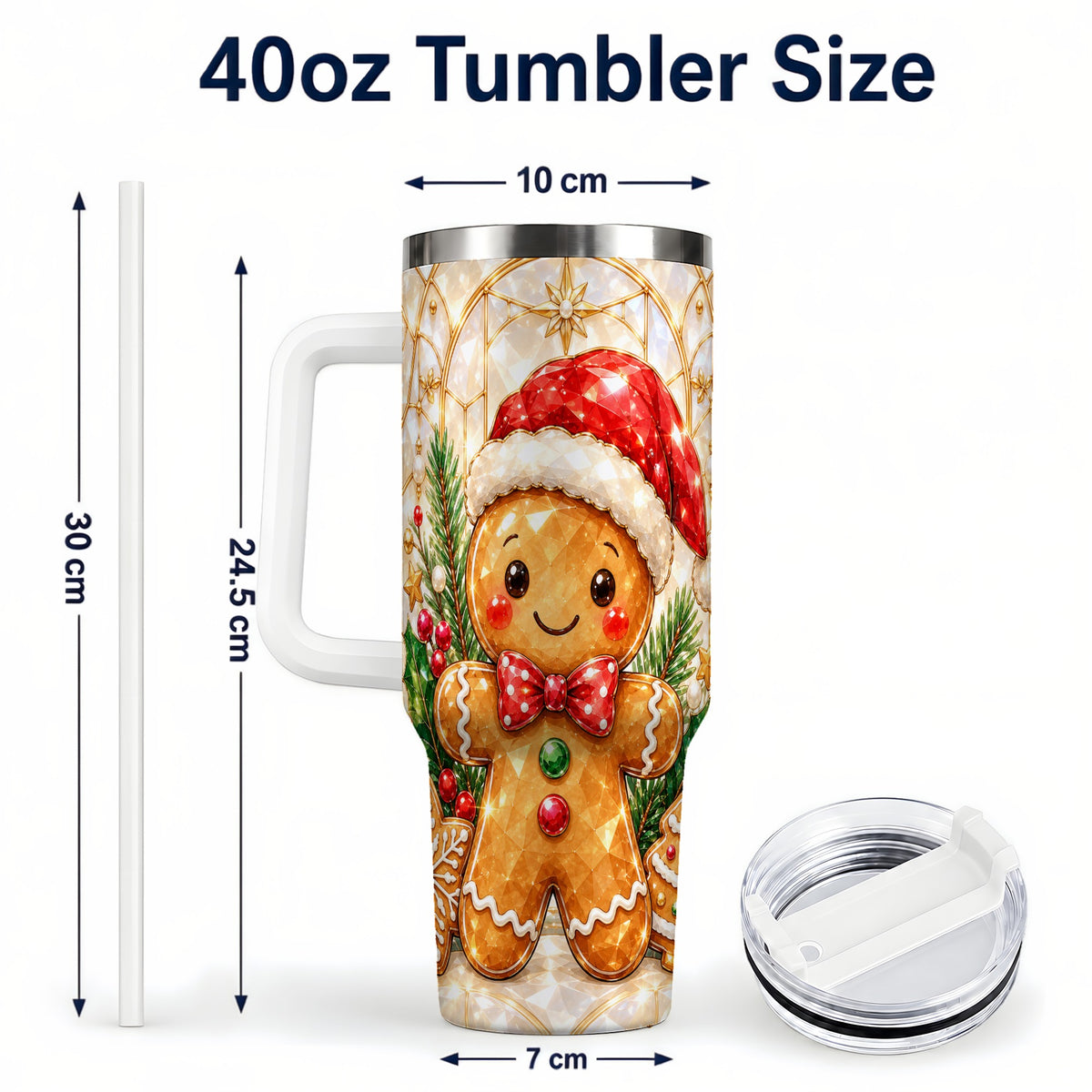 #pl[40oz|White] Santa Tumbler 40oz, Gingerbread Tumbler, Stainless Steel Travel Cup