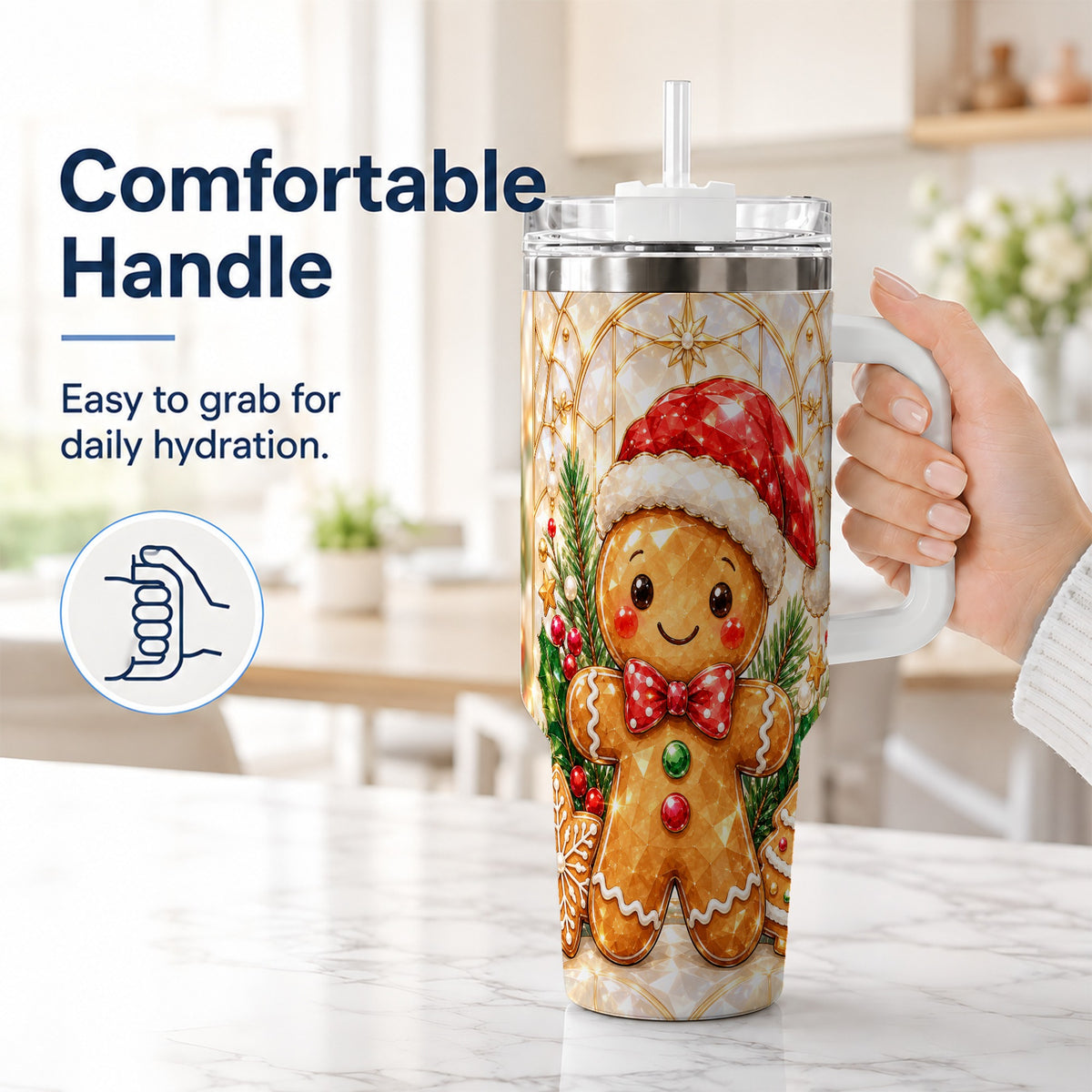 #pl[40oz|White] Santa Tumbler 40oz, Gingerbread Tumbler, Stainless Steel Travel Cup