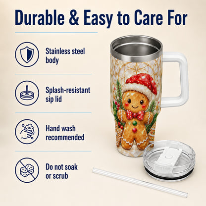 Santa Tumbler 40oz, Gingerbread Tumbler, Stainless Steel Travel Cup