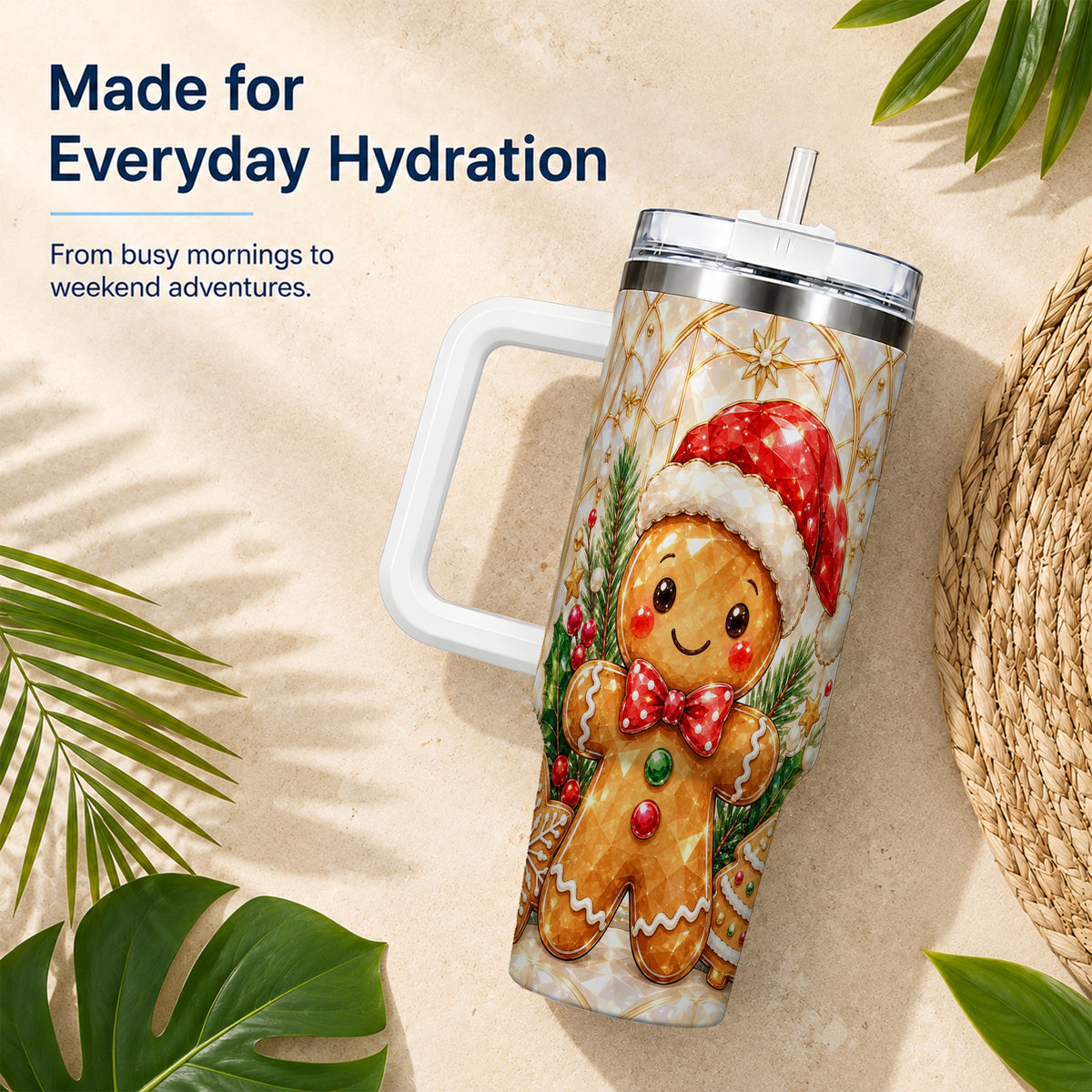 Santa Tumbler 40oz, Gingerbread Tumbler, Stainless Steel Travel Cup