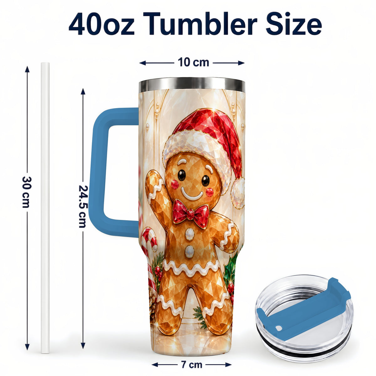 #pl[40oz|Blue] Candy Cane Tumbler 40oz, Gingerbread Tumbler, Stainless Steel Travel Cup
