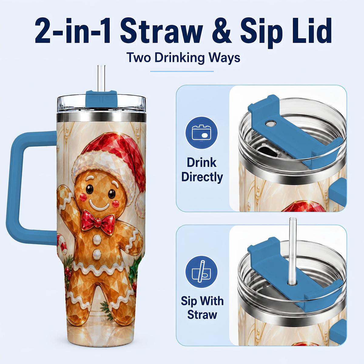 #pl[40oz|Blue] Candy Cane Tumbler 40oz, Gingerbread Tumbler, Stainless Steel Travel Cup