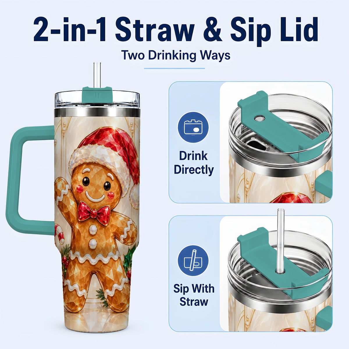 #pl[40oz|Green] Candy Cane Tumbler 40oz, Gingerbread Tumbler, Stainless Steel Travel Cup
