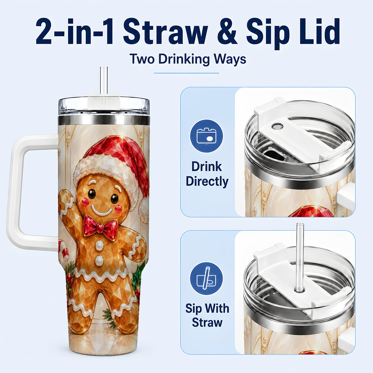 #pl[40oz|White] Candy Cane Tumbler 40oz, Gingerbread Tumbler, Stainless Steel Travel Cup