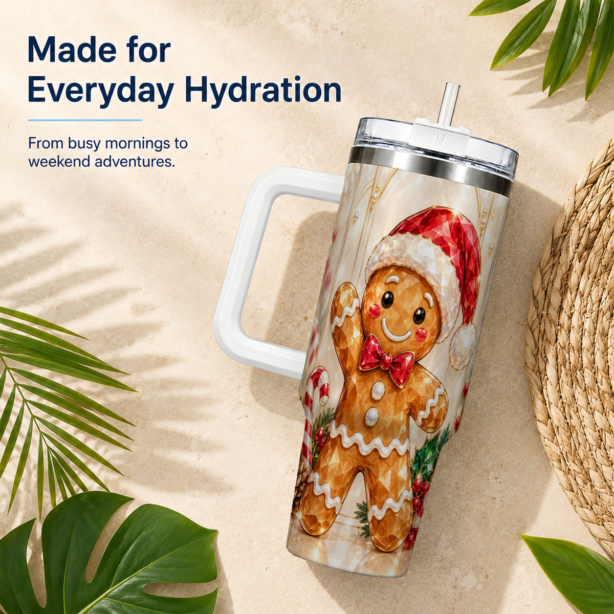 Candy Cane Tumbler 40oz, Gingerbread Tumbler, Stainless Steel Travel Cup