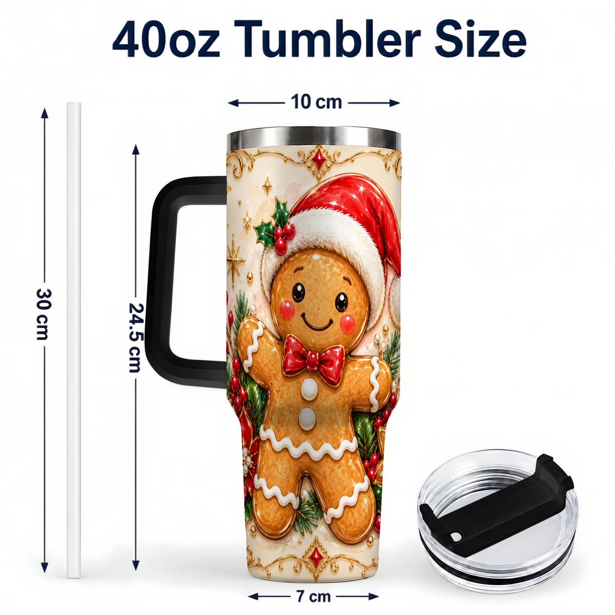 #pl[40oz|Black] Festive Tumbler 40oz, Gingerbread Tumbler, Stainless Steel Travel Cup