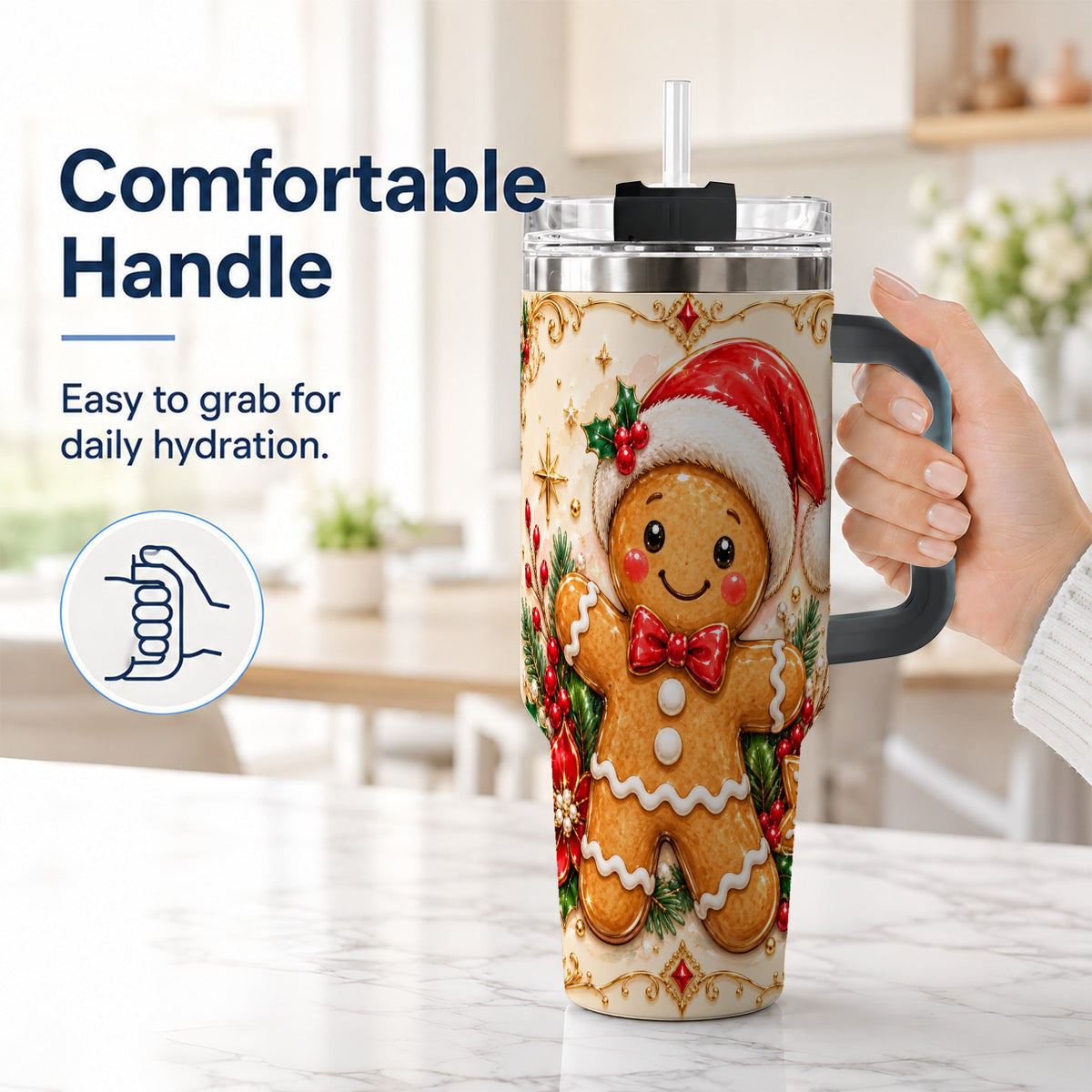 #pl[40oz|Black] Festive Tumbler 40oz, Gingerbread Tumbler, Stainless Steel Travel Cup