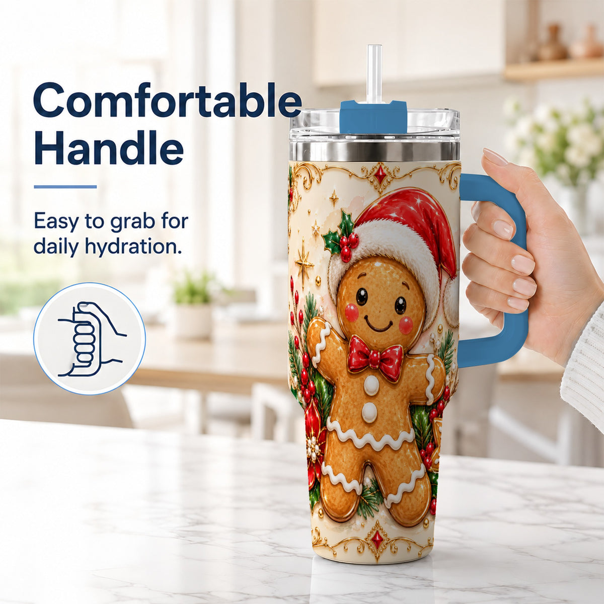#pl[40oz|Blue] Festive Tumbler 40oz, Gingerbread Tumbler, Stainless Steel Travel Cup