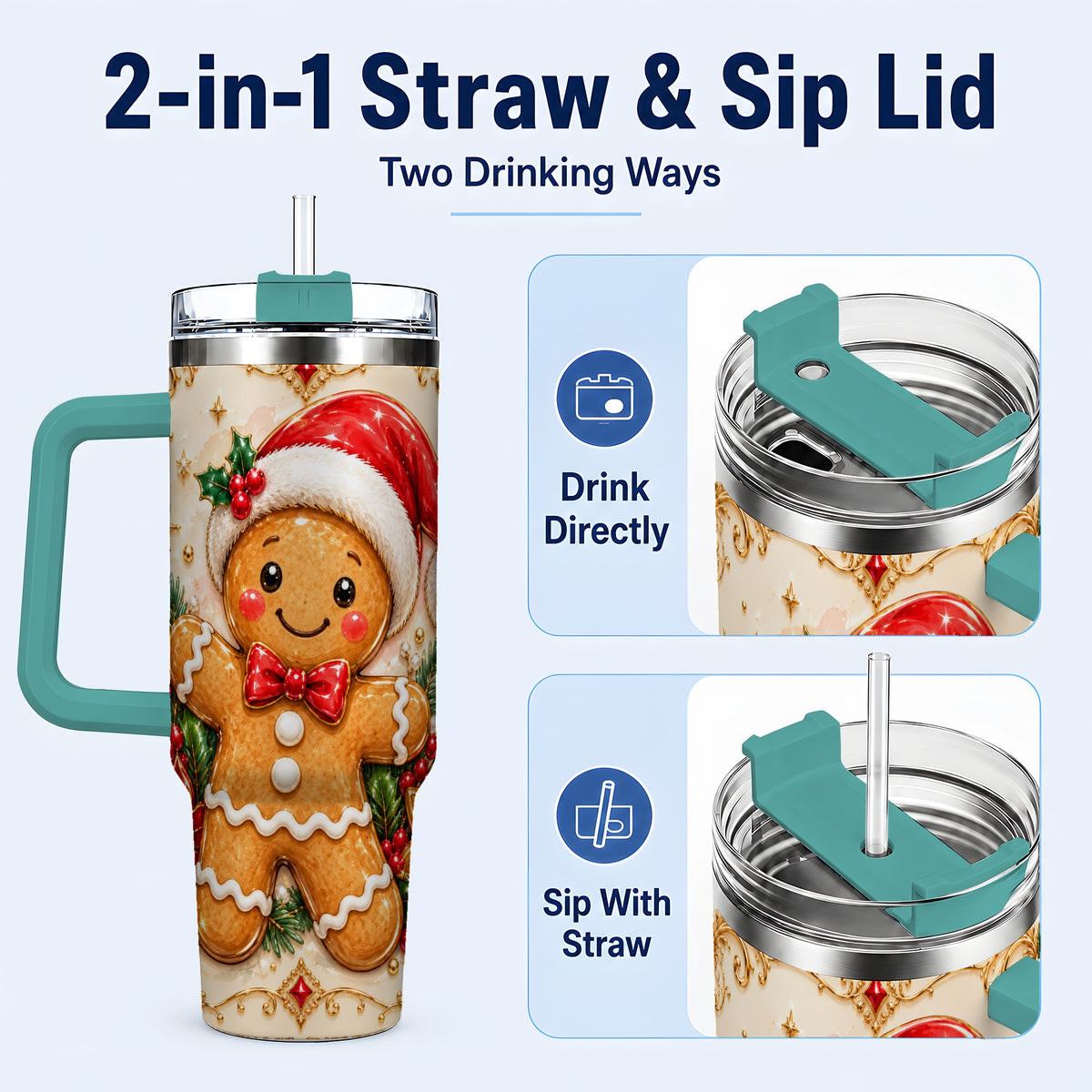 #pl[40oz|Green] Festive Tumbler 40oz, Gingerbread Tumbler, Stainless Steel Travel Cup