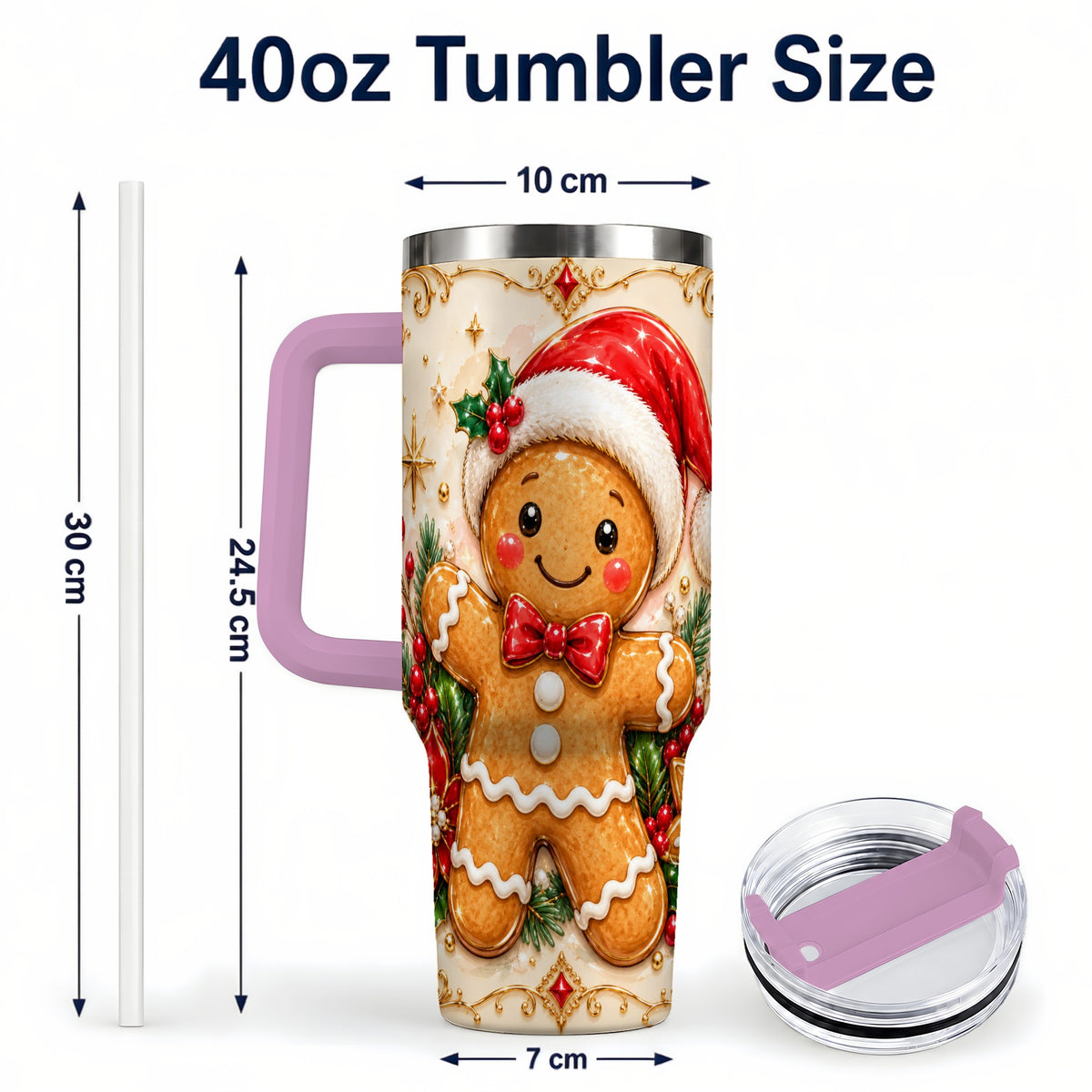 #pl[40oz|Pink] Festive Tumbler 40oz, Gingerbread Tumbler, Stainless Steel Travel Cup