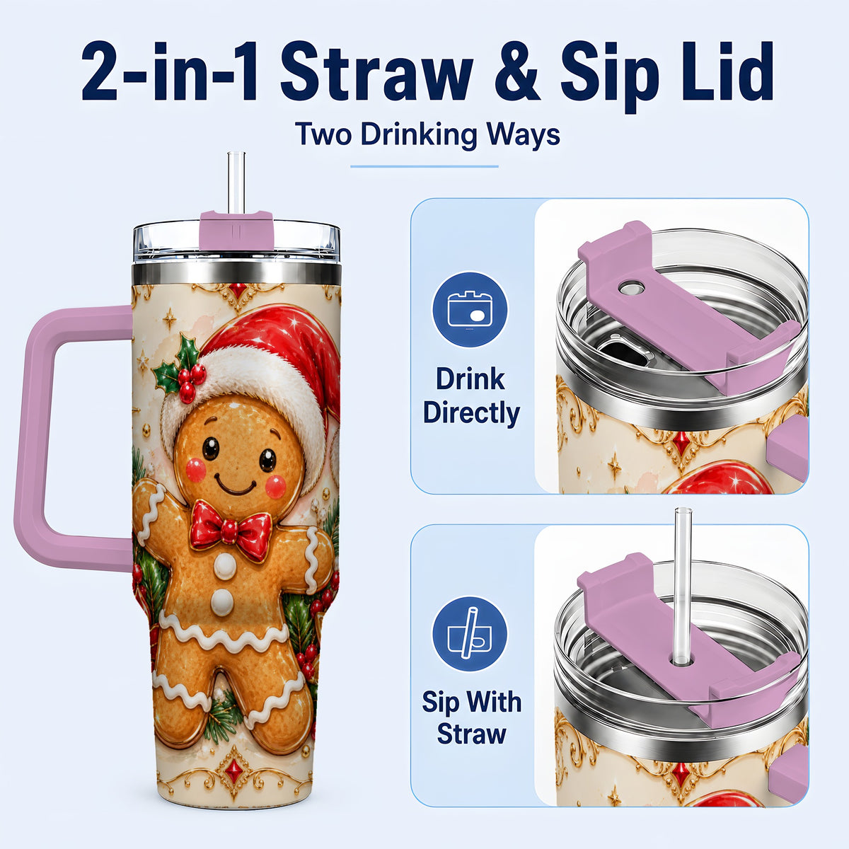 #pl[40oz|Pink] Festive Tumbler 40oz, Gingerbread Tumbler, Stainless Steel Travel Cup