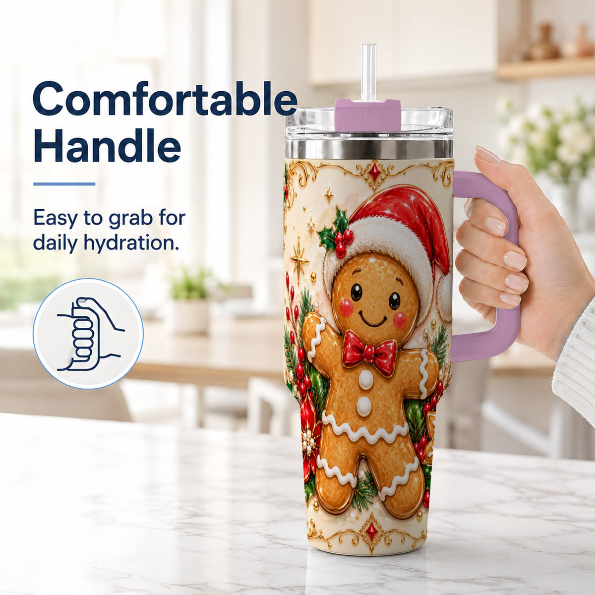 #pl[40oz|Pink] Festive Tumbler 40oz, Gingerbread Tumbler, Stainless Steel Travel Cup