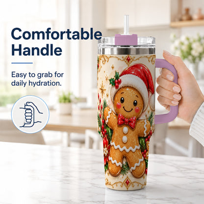 #pl[40oz|Pink] Festive Tumbler 40oz, Gingerbread Tumbler, Stainless Steel Travel Cup
