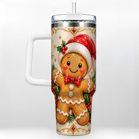 Festive Tumbler 40oz, Gingerbread Tumbler, Stainless Steel Travel Cup